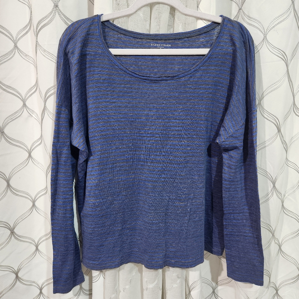 Eileen Fisher 100% Linen Blue And Gray Strip Relaxed Fit Top Size S Small